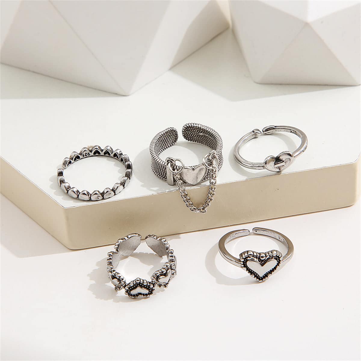 Silvertone Heart Ring Set