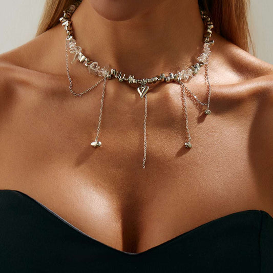 Clear Resin & Silvertone Heart Tassel Necklace