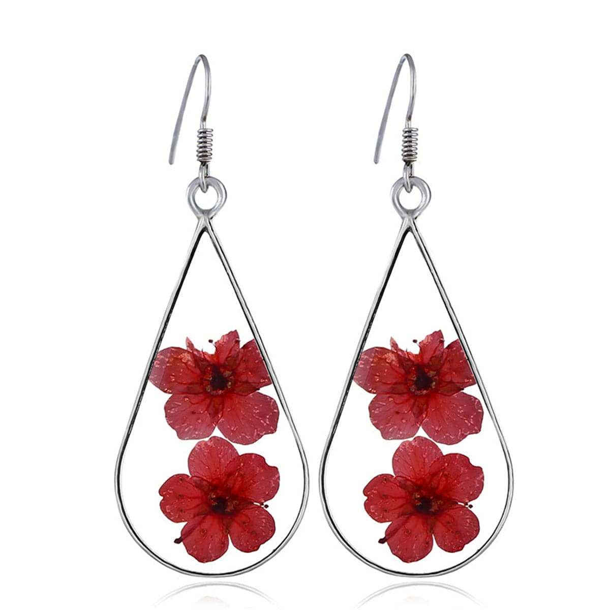Double Red Pressed Peach Flower & Silvertone Drop Earrings
