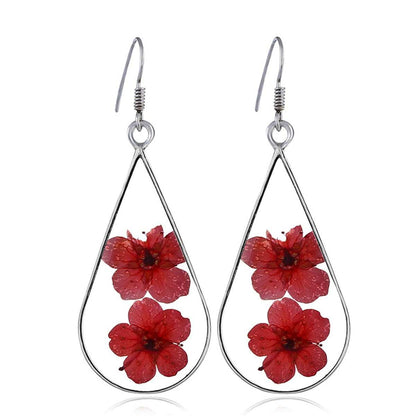 Double Red Pressed Peach Flower & Silvertone Drop Earrings