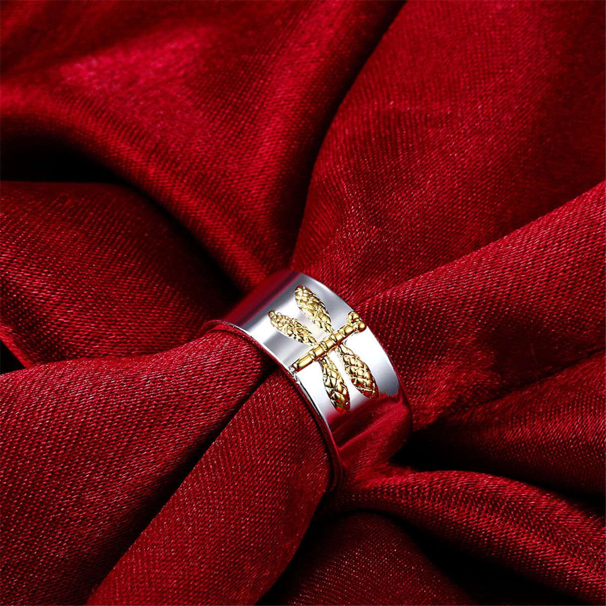 Silvertone & Goldtone Dragonfly Open Ring