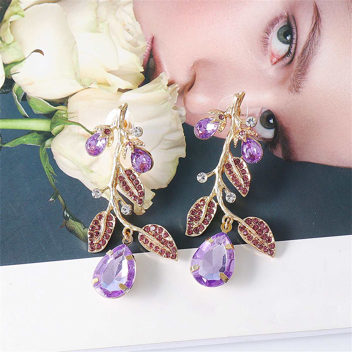 Cubic Zirconia & Purple Crystal Goldtone Eggplant Drop Earrings