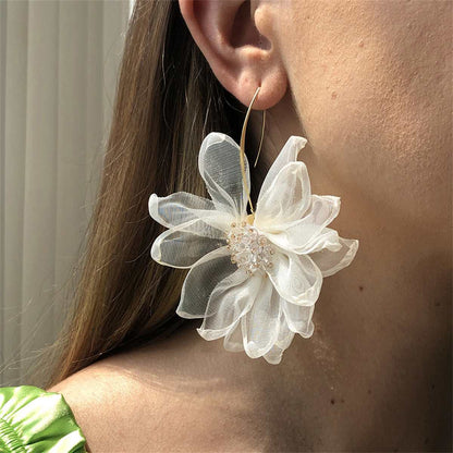 Black Polyster & Acrylic Goldtone Flower Huggie Earring-3