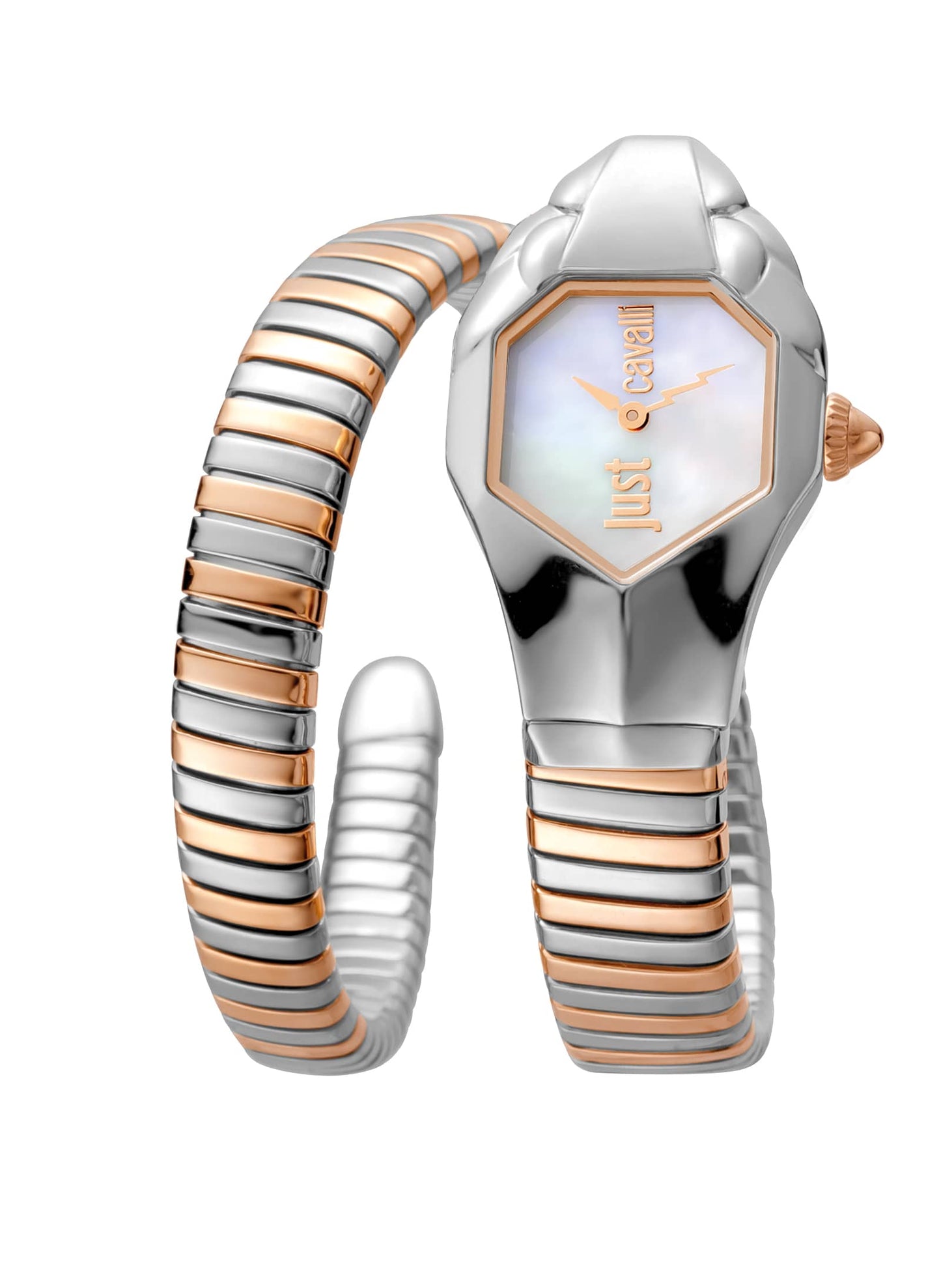 Just CAVALLI Women Watch, Two Tone Silver & Rose Gold Color Case, White MOP Dial, Two Tone Silver & Rose Gold Color Stainless Steel Metal Bracelet, 2 Hands, 3 Atm