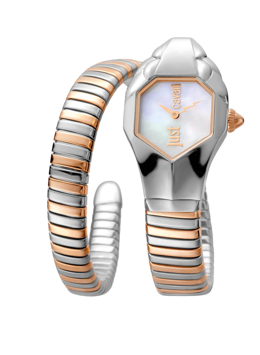 Just CAVALLI Women Watch, Two Tone Silver & Rose Gold Color Case, White MOP Dial, Two Tone Silver & Rose Gold Color Stainless Steel Metal Bracelet, 2 Hands, 3 Atm