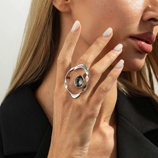 Gray Crystal & Silvertone Open Eye Ring