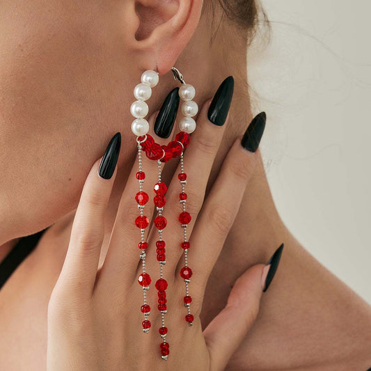Red Acrylic & Pearl Silvertone Hoop Tassel Dangle Earrings