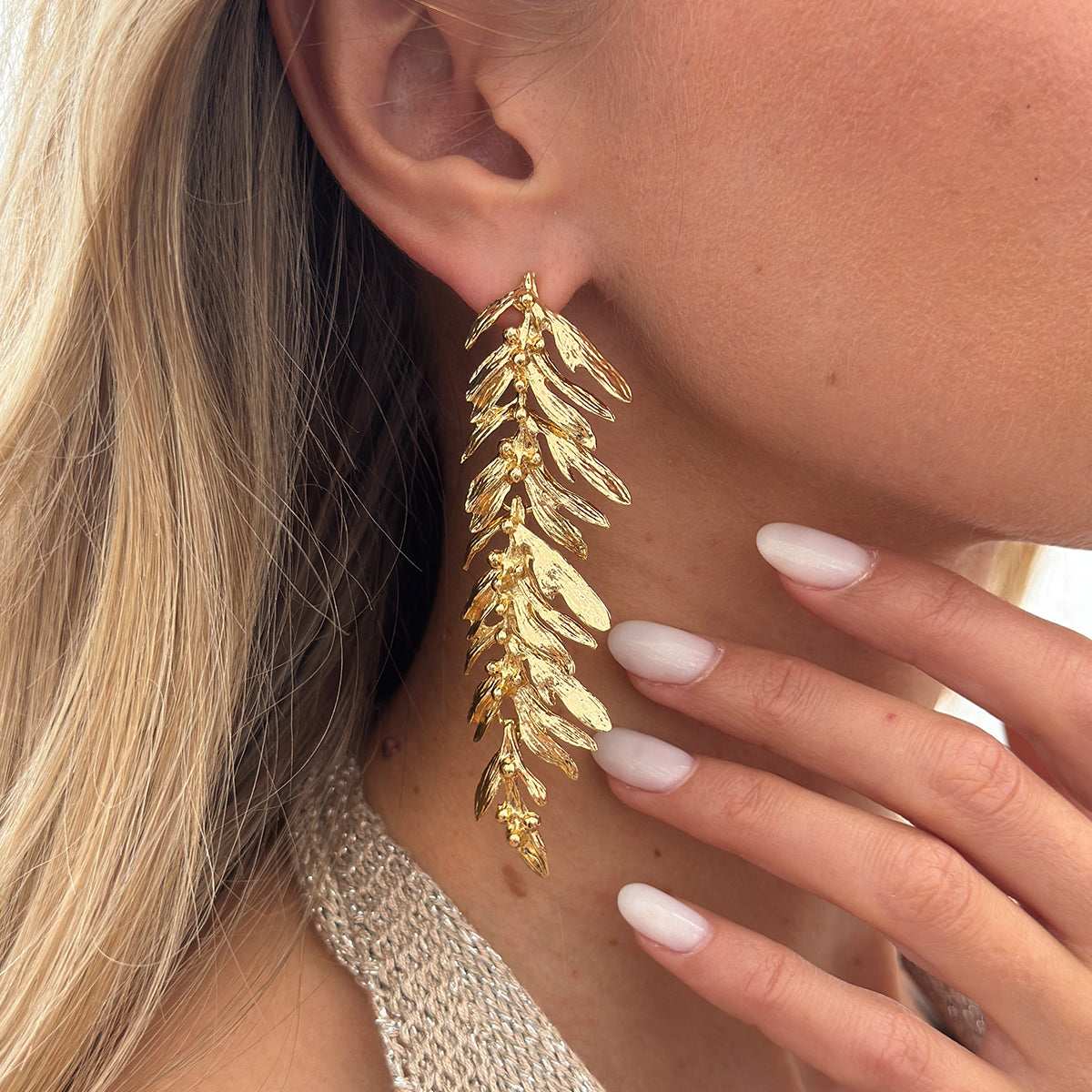 Goldtone Textured Leaves Dangle Earrings