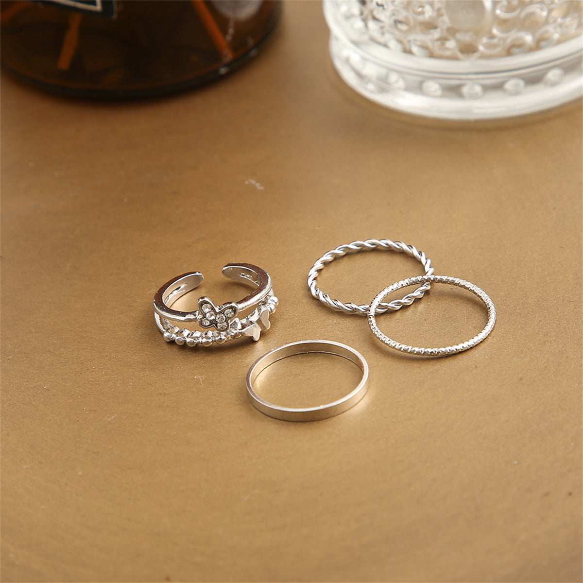 Cubic Zirconia & Silvertone Openwork Butterfly Twine Ring Set