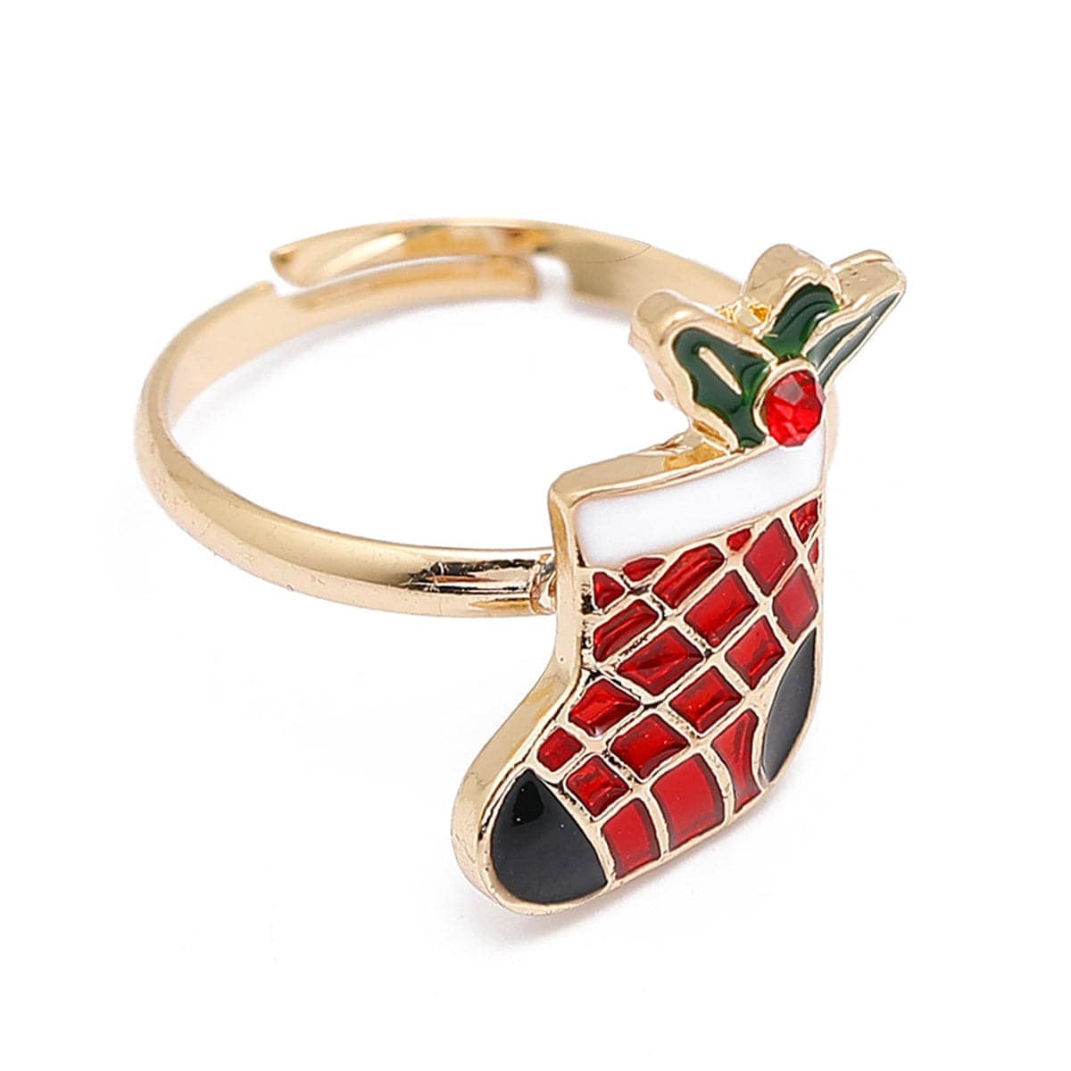 Red Cubic Zirconia & Enamel Goldtone Stocking Adjustable Ring