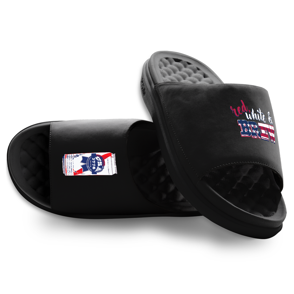 Red White and Brew Motive Slide Sandals