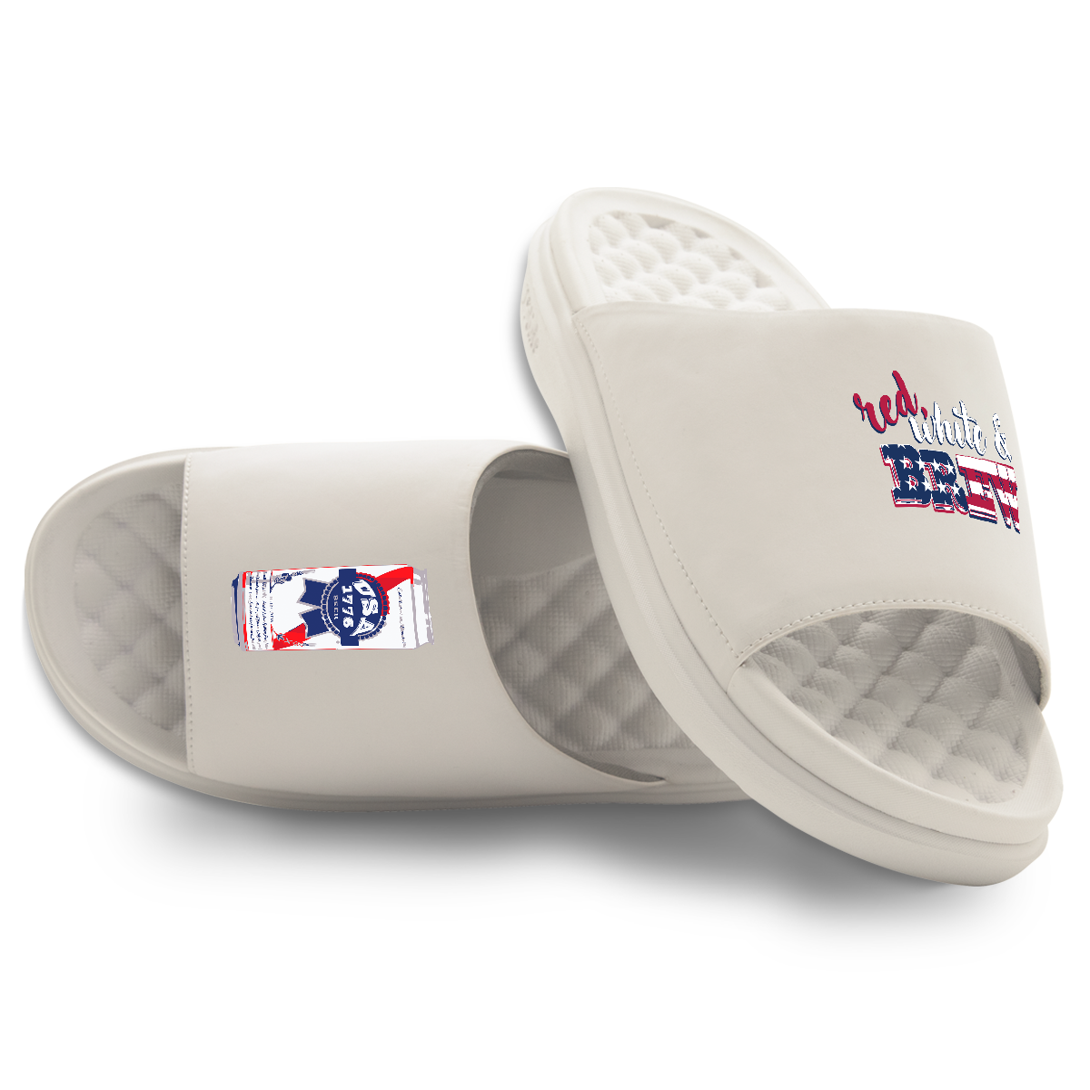 Red White and Brew Motive Slide Sandals
