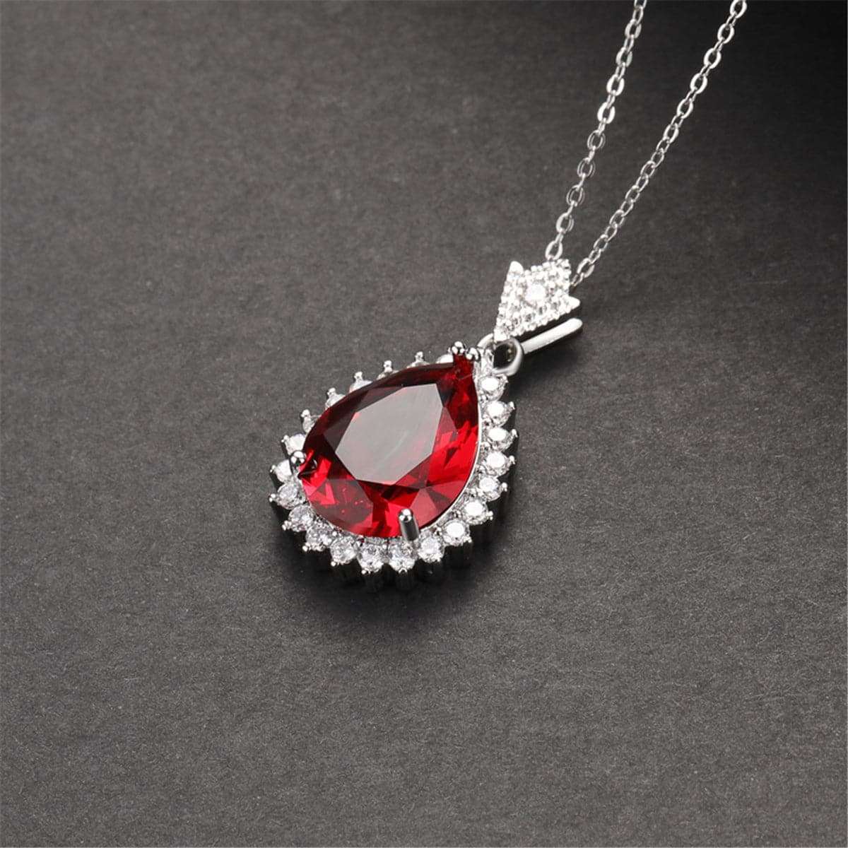 Red Crystal & Cubic Zirconia Pear Cut Halo Pendant Necklace