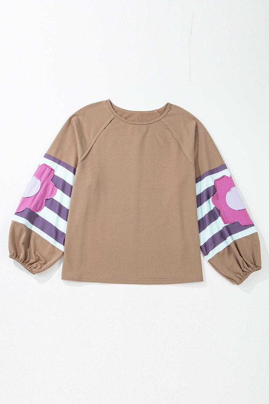 Threaded Pear Light French Beige Flower Striped Patchwork Puff Sleeve Loose PLUS Sweatshirt
