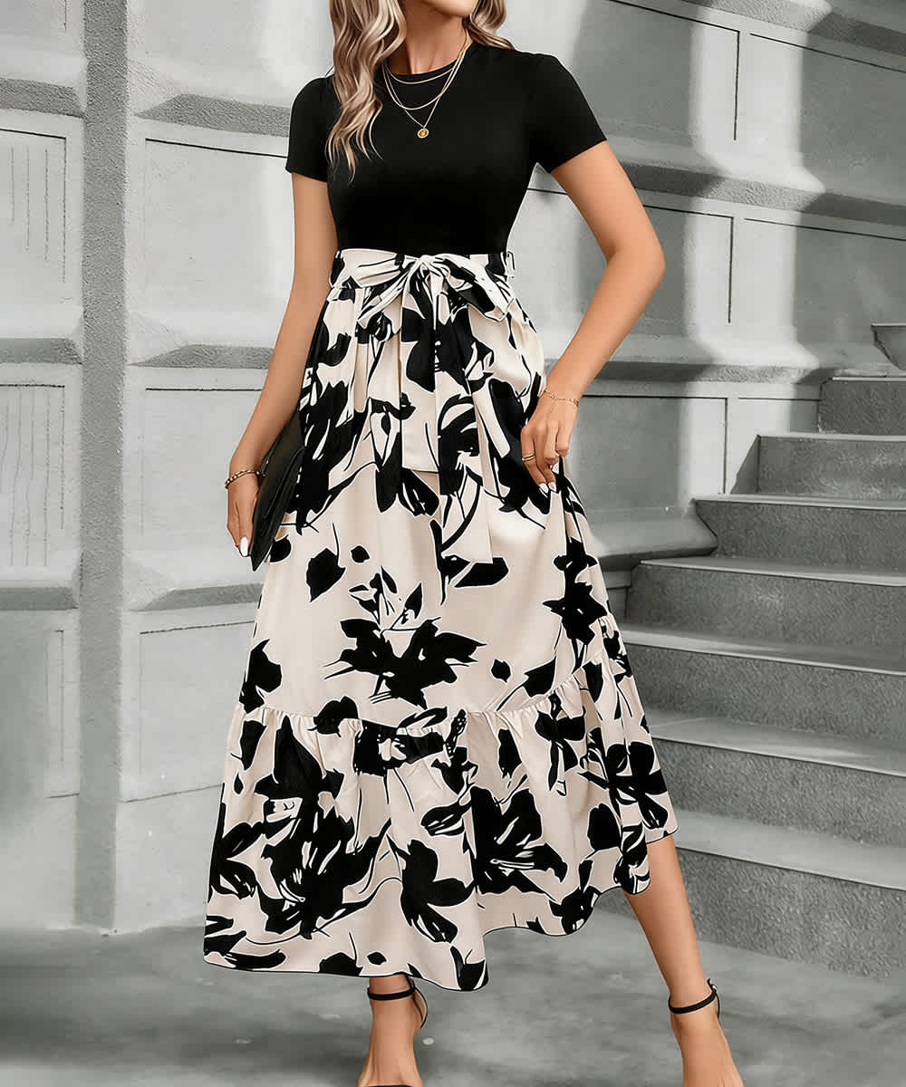zulily formal dresses Aria Romance Short-Sleeve Round-Neck Printed Maxi Dress Black / S