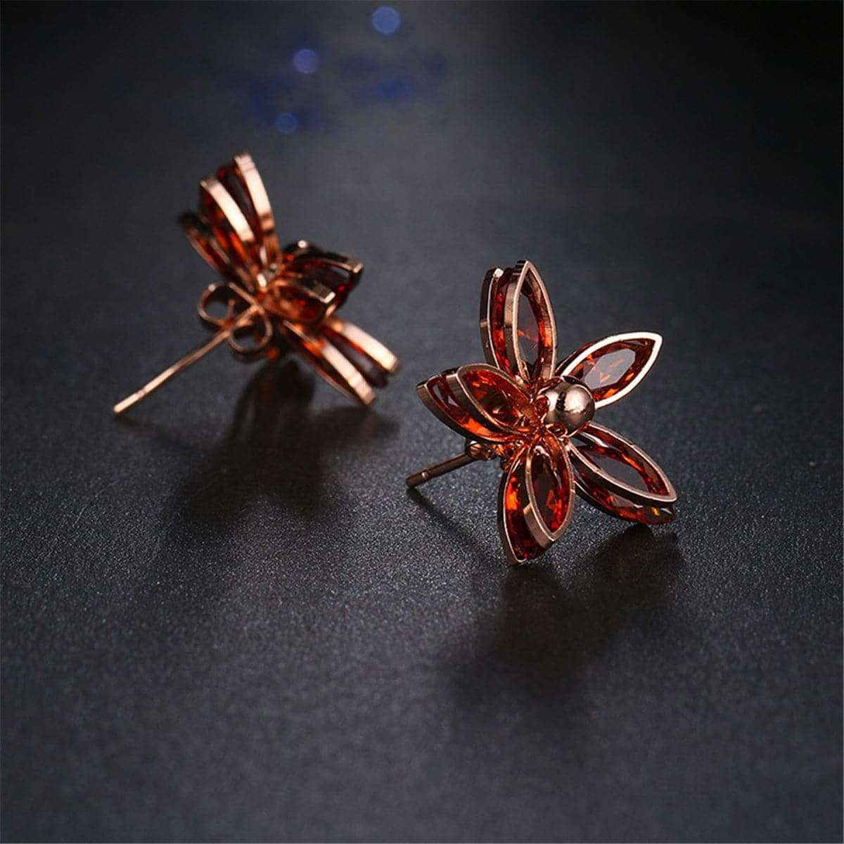 Red Crystal & Rose Goldtone Floral Stud Earrings