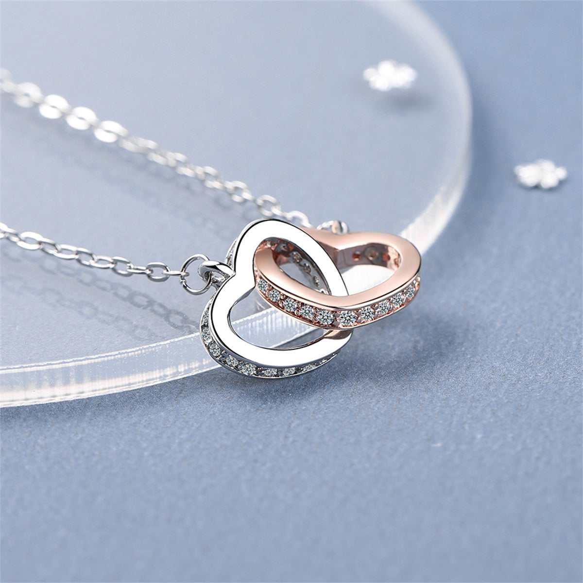 Cubic Zirconia & Two Tone Interlocked Heart Pendant Necklace