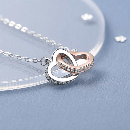 Cubic Zirconia & Two Tone Interlocked Heart Pendant Necklace