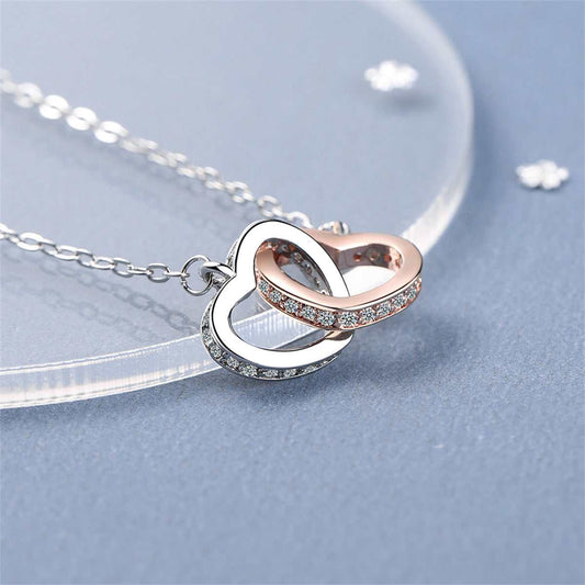 Cubic Zirconia & Two Tone Interlocked Heart Pendant Necklace