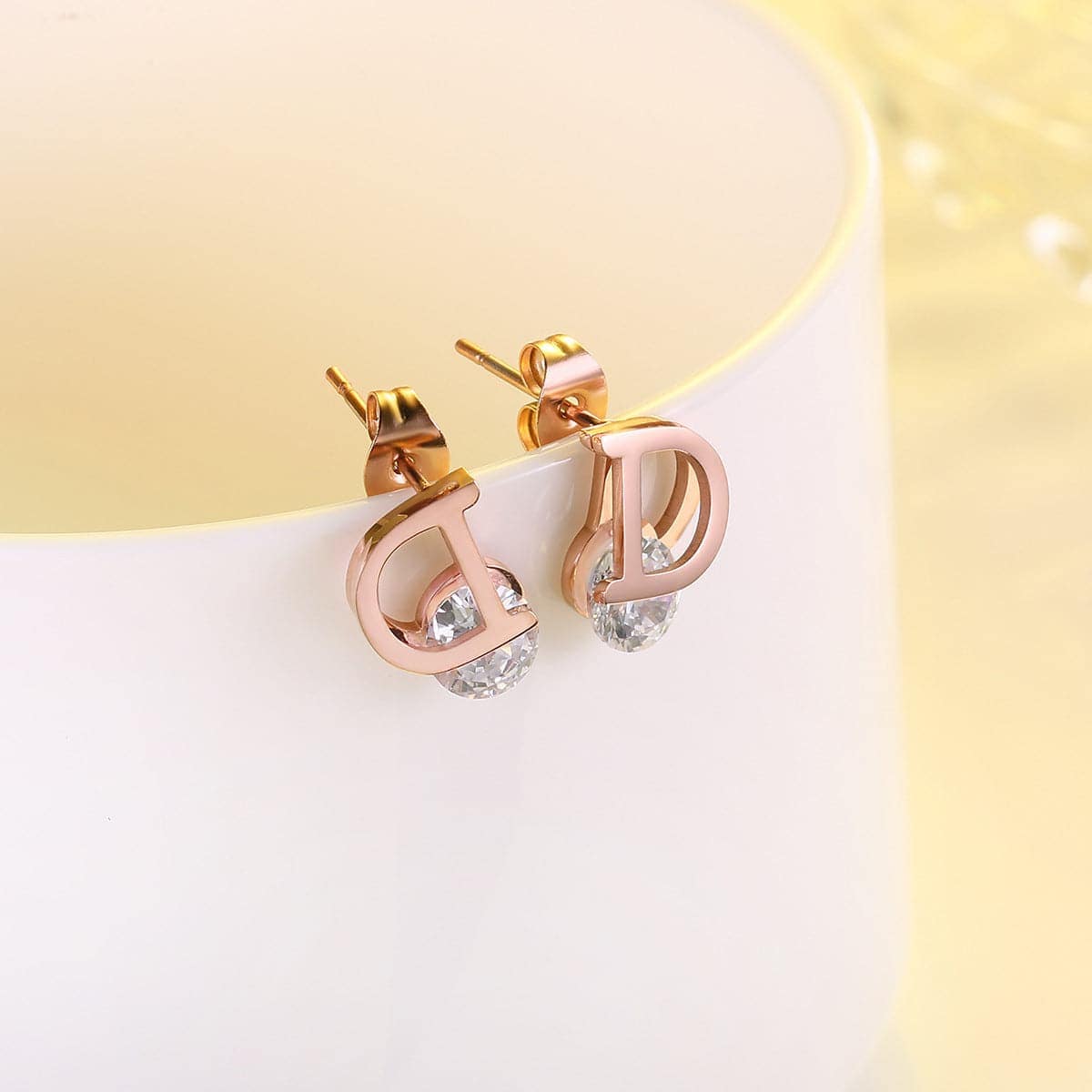 Crystal & Rose Goldtone 'D' Stud Earrings