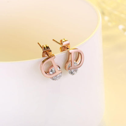 Crystal & Rose Goldtone 'D' Stud Earrings
