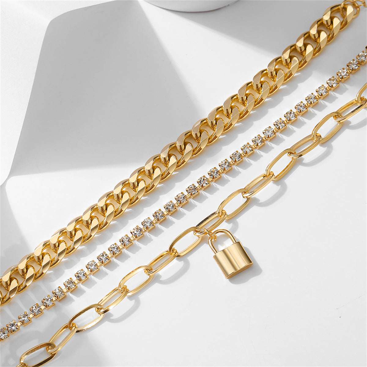 Cubic Zirconia & Goldtone Cable Chain Lock Anklet Set