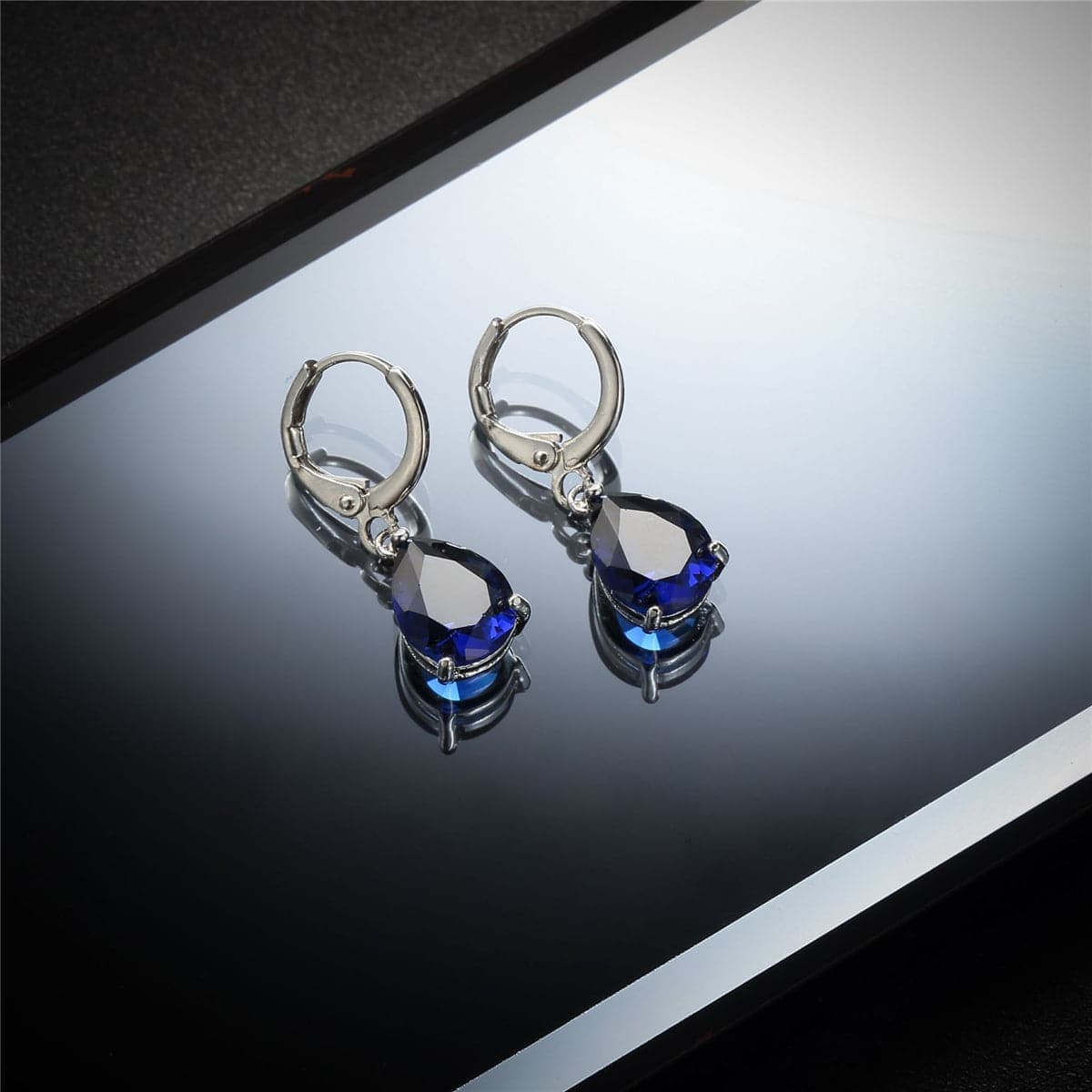 Navy Crystal & Silvertone Teardrop Earrings