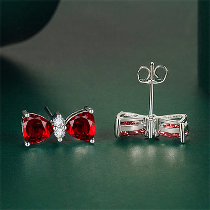 Cubic Zirconia & Red Crystal Bow Stud Earrings