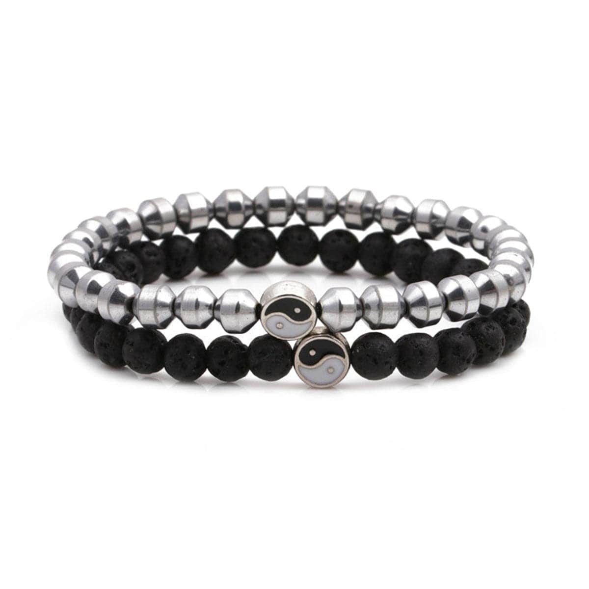 Black Pelelith & Silvertone Yin & Yang Stretch Bracelet Set