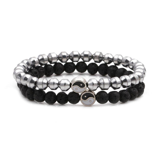 Black Pelelith & Silvertone Yin & Yang Stretch Bracelet Set