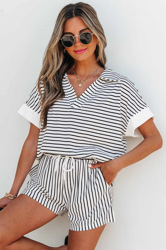Threaded Pear Chloe Stripe V Neck Tee Short Set