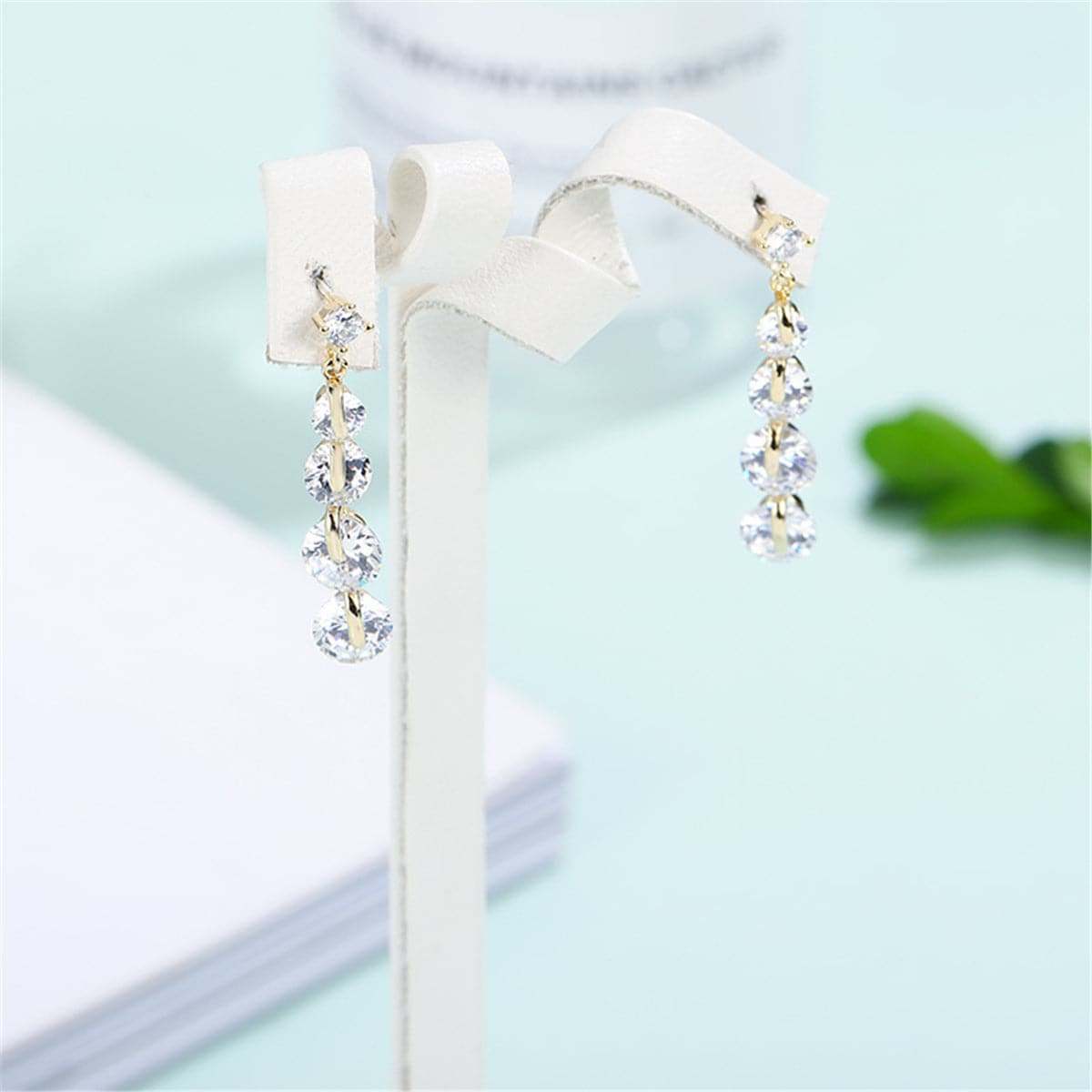 Cubic Zirconia & Goldtone Link Drop Earrings
