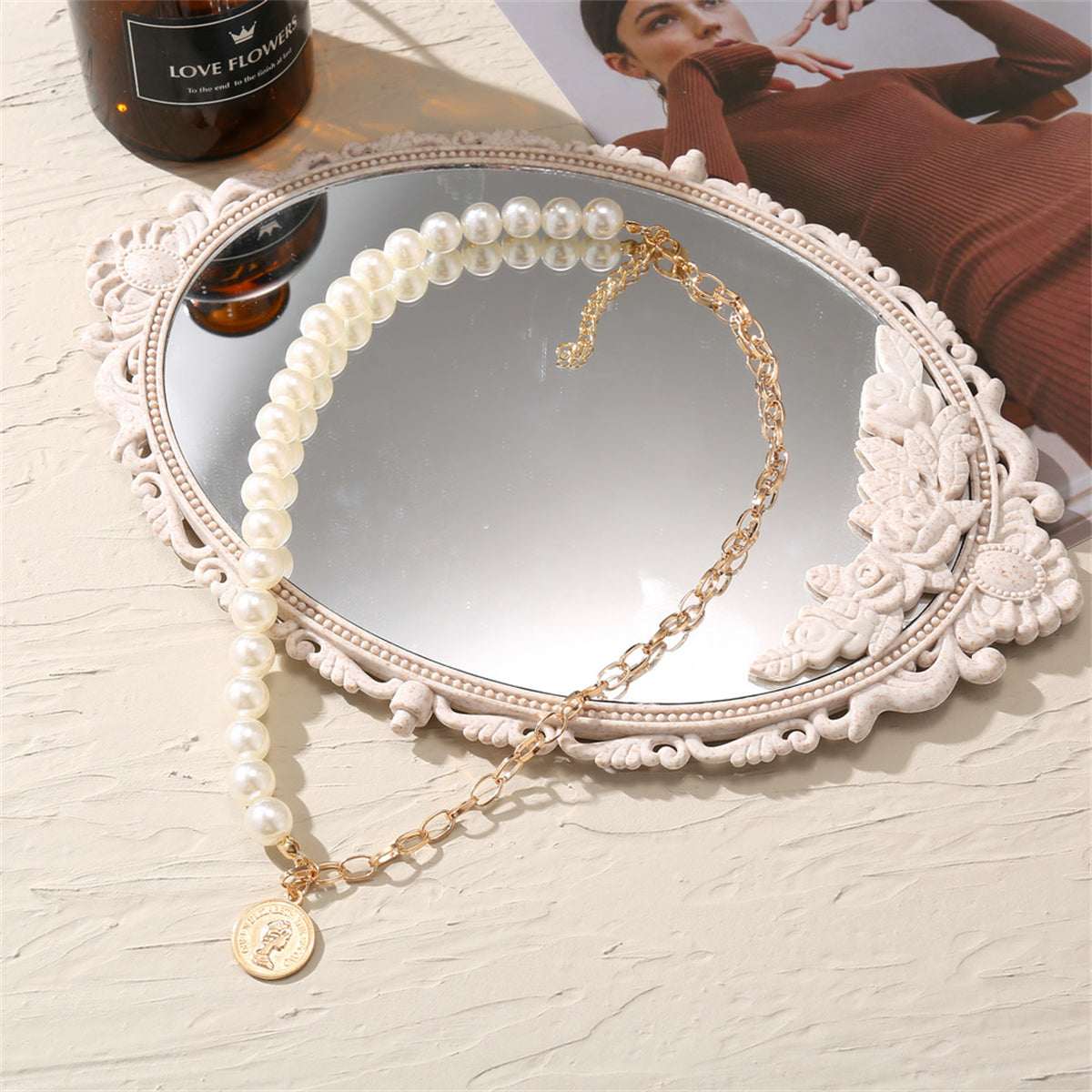 Pearl & Goldtone Coin Pendant Necklace