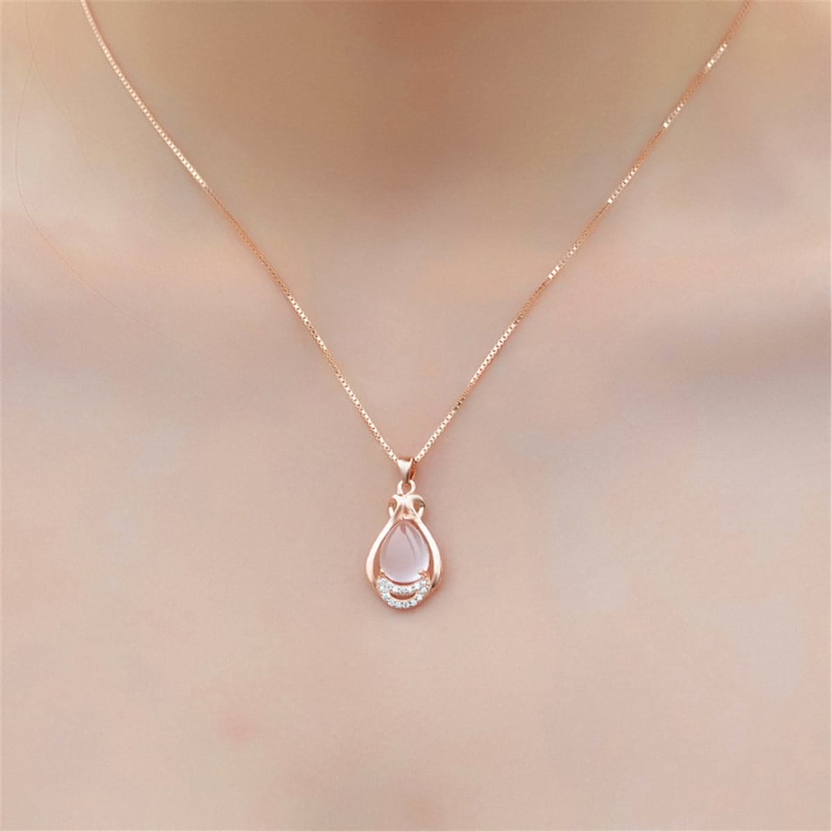 Rose Quartz & Cubic Zirconia Teardrop Pendant Necklace-1