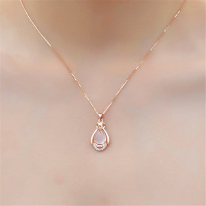 Rose Quartz & Cubic Zirconia Teardrop Pendant Necklace-1
