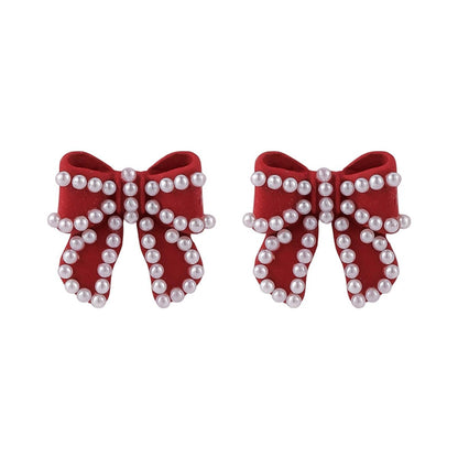 Pearl & Red Enamel Silvertone Bow Stud Earrings