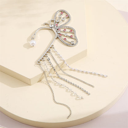 Cubic Zirconia & Pearl Silvertone Butterfly Tassel Ear Hanger