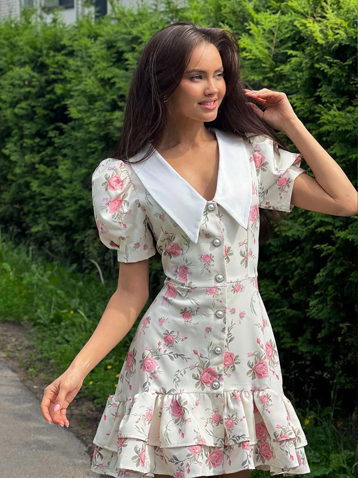 Chic YC Women's Floral Peter Pan Collar Puff Sleeve Mini Dress