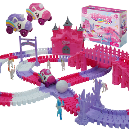 Pink, purple and white tracks and cars-