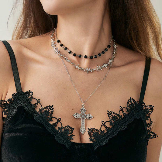 Black Resin & Silvertone Knot Station Cross Pendant Necklace Set