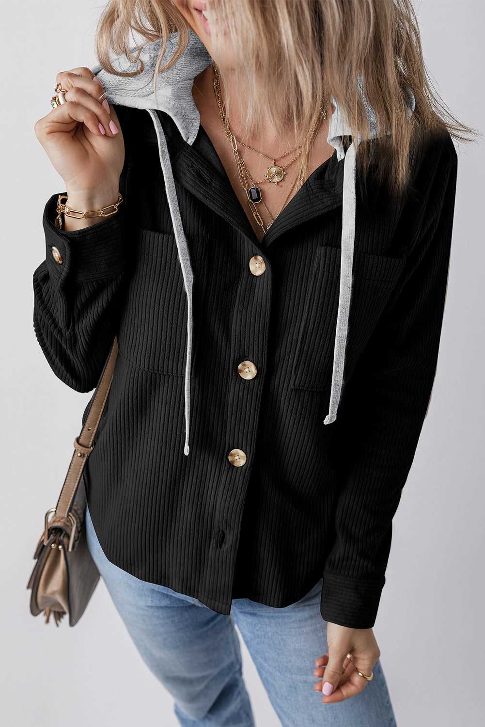 Isabella Hooded Drawstring Corduroy Shacket - Color Black / L - 12/14