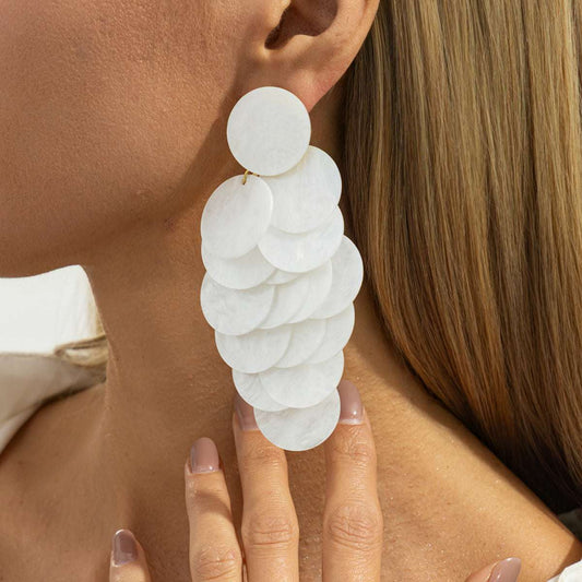 White Acrylic & Goldtone Sequins Tassel Dangle Earrings