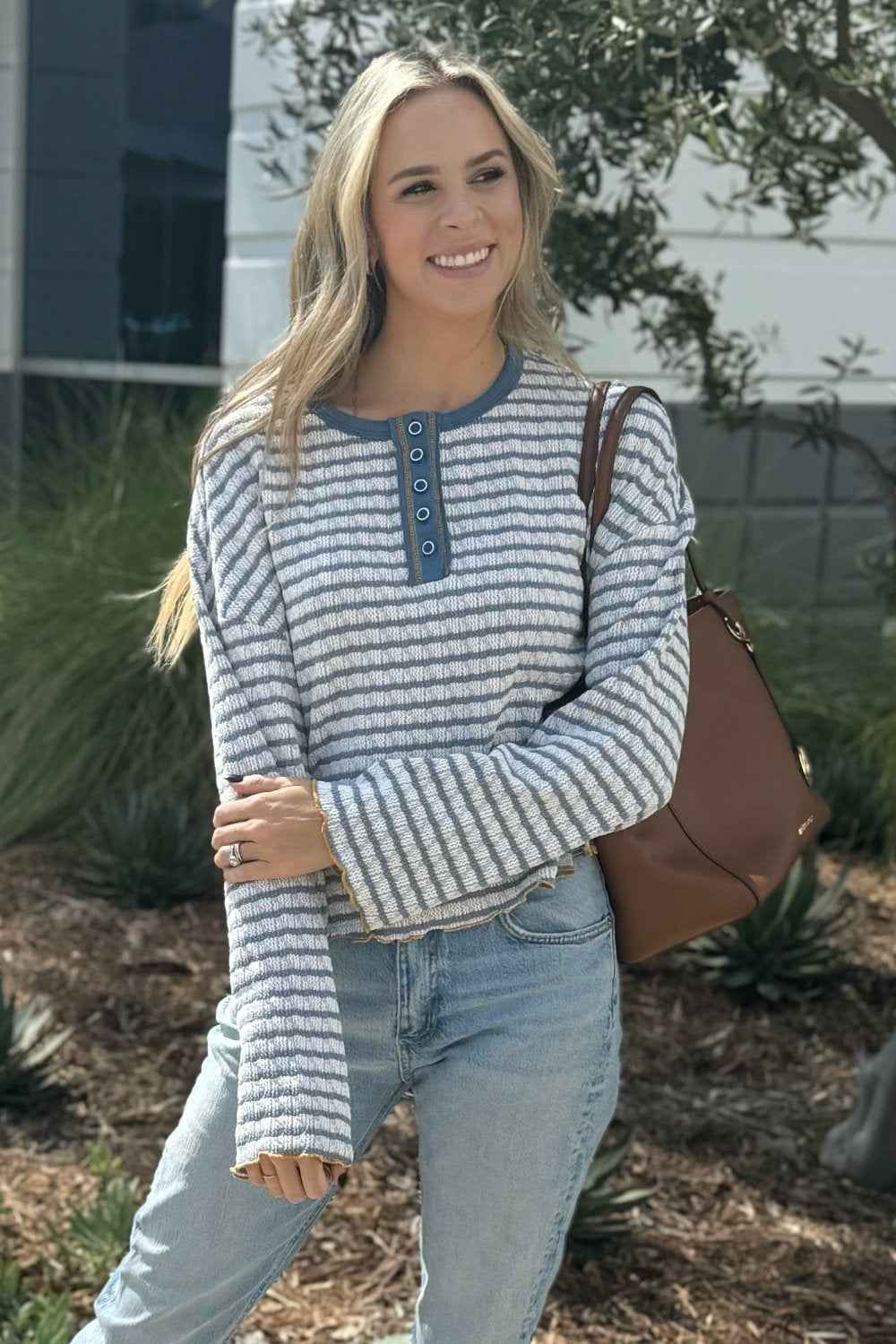 Victoria Henley Top - Sky Blue Stripe / M - 8/10