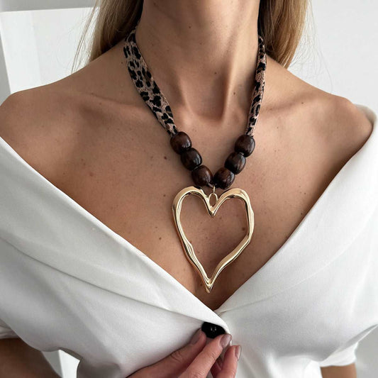 Polyster & Wood Goldtone Open Heart Pendant Necklace