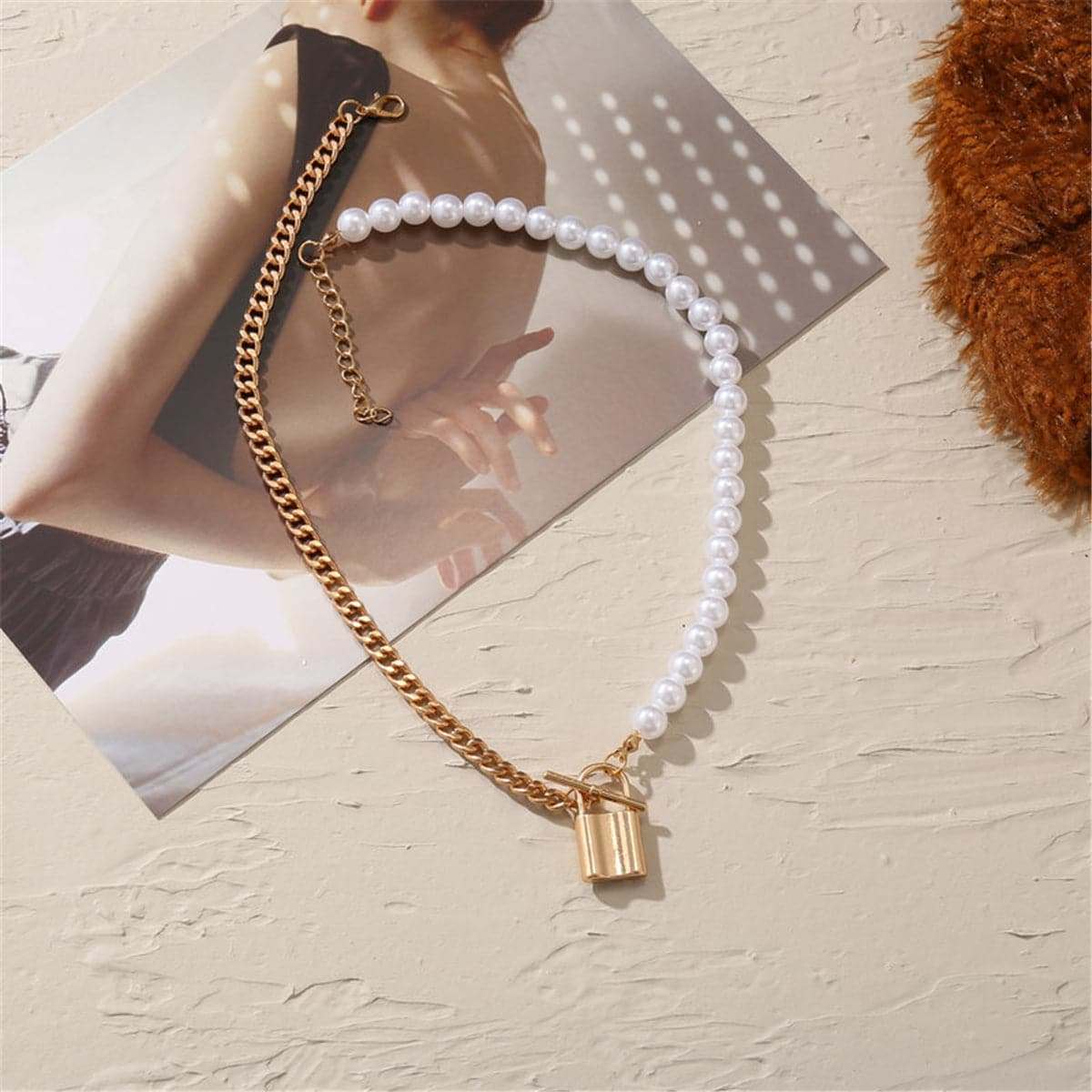 Pearl & Goldtone Lock Pendant Necklace