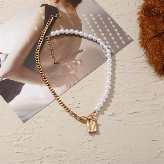 Pearl & Goldtone Lock Pendant Necklace