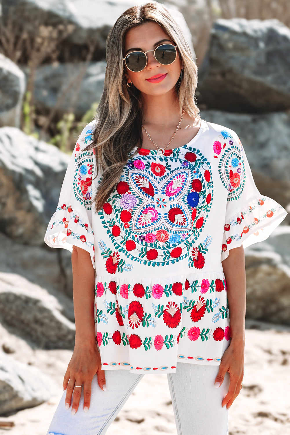 Selene Boho Floral Ruffle Trim Blouse - White / S - 4/6