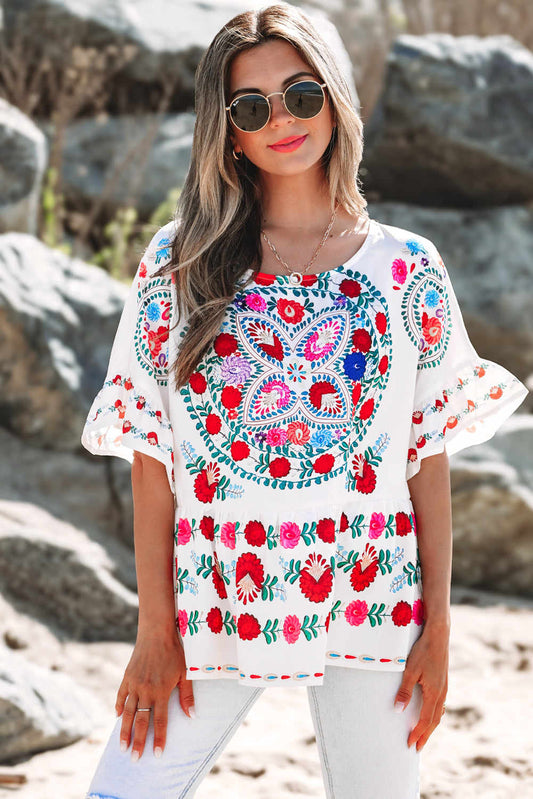 Threaded Pear Selene Boho Floral Ruffle Trim Blouse