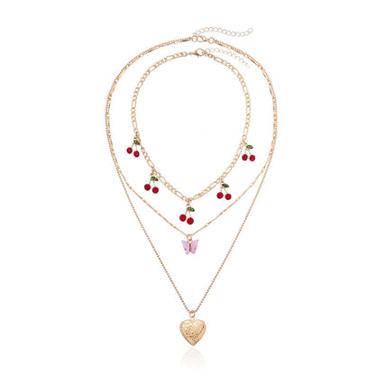 Red Cubic Zirconia & Acrylic Cherry Butterfly Heart Locket Necklace Set