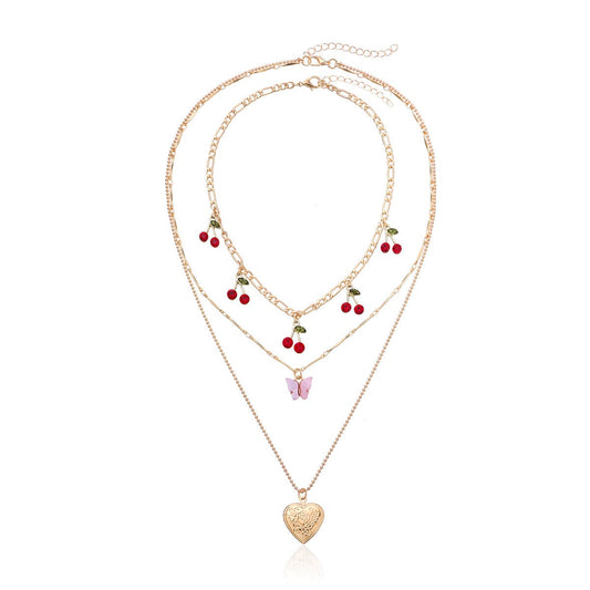 Red Cubic Zirconia & Acrylic Cherry Butterfly Heart Locket Necklace Set